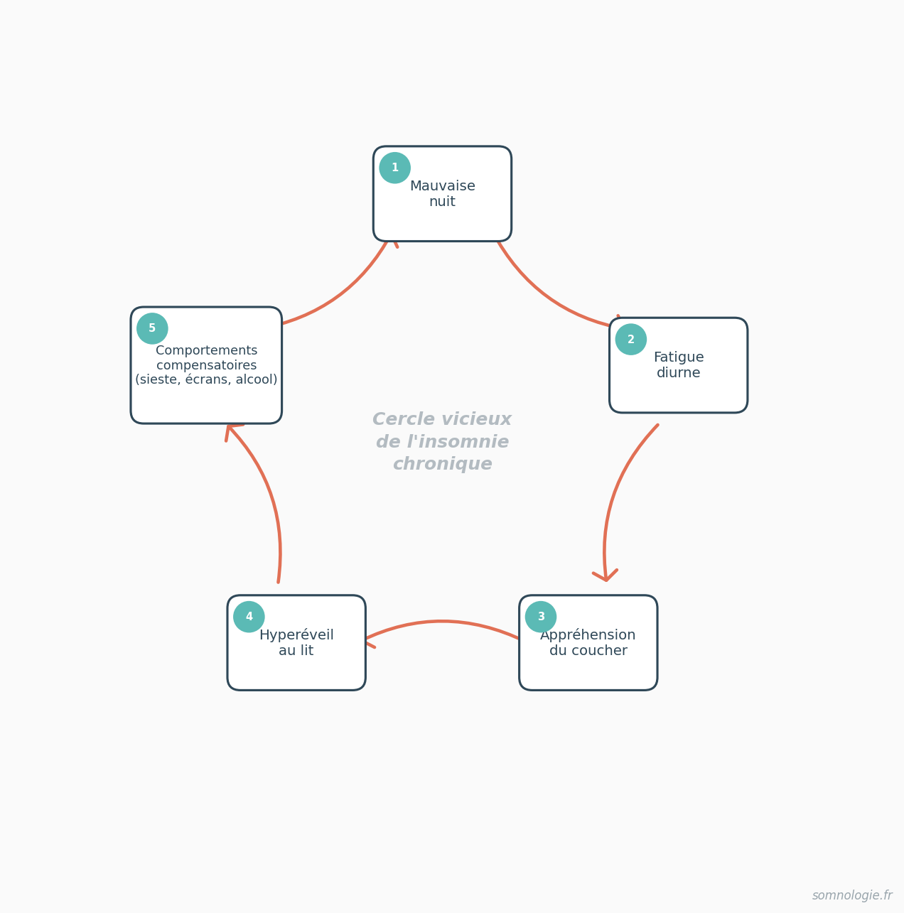 Diagramme circulaire montrant les 5 etapes du cercle vicieux de l insomnie chronique